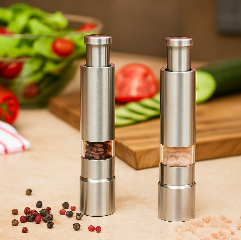 Two silver pepper mills on a table with vegetables in the background.