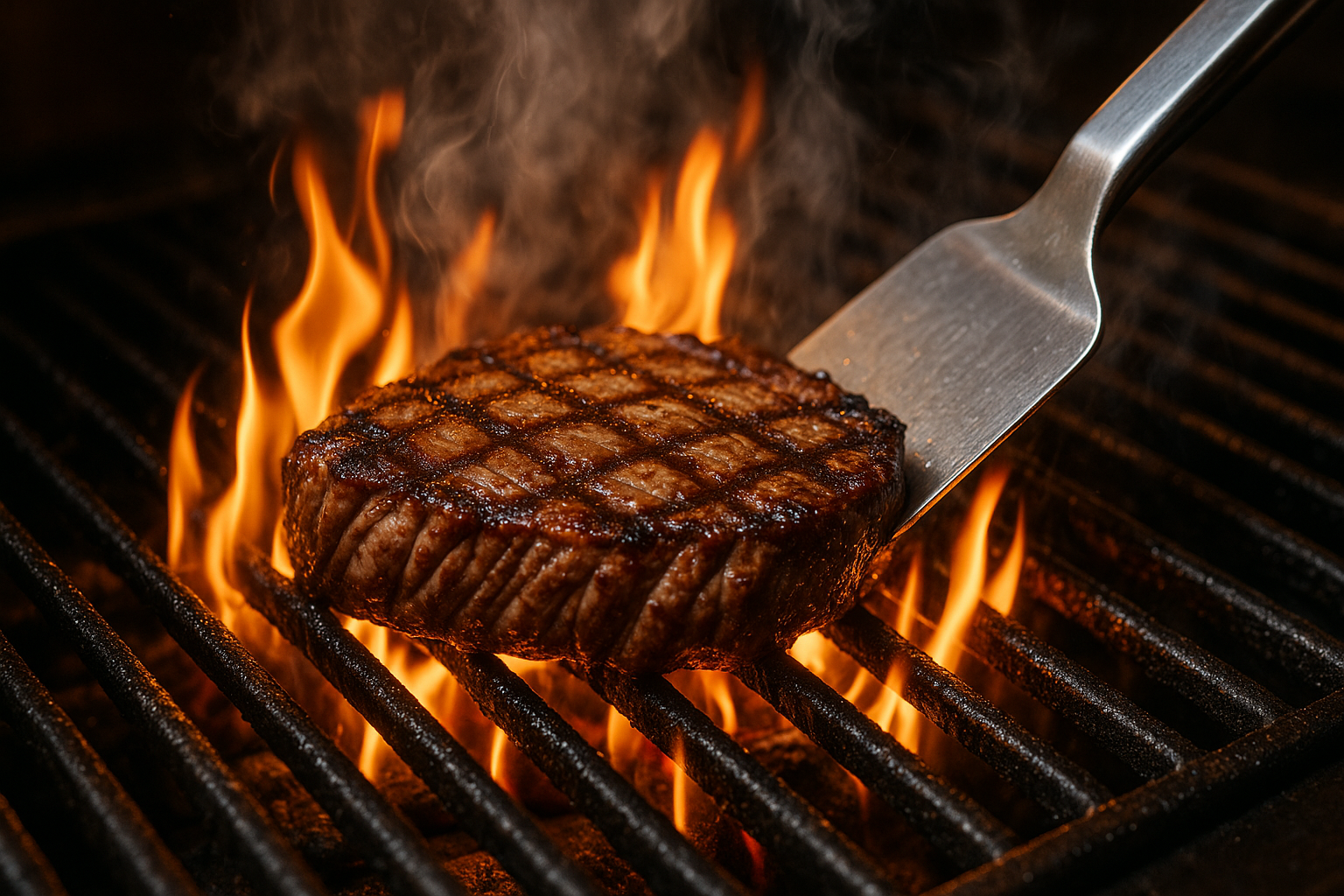 A steak is being grilled on a hot barbecue grill, the flames are visible, and it is being turned with a suitable meat turning tool.