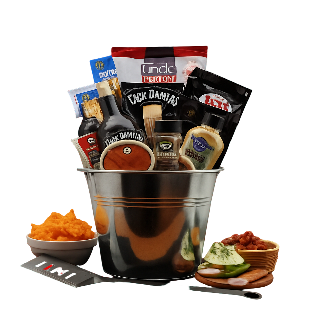 Assorted food items including beer, snacks, and condiments in a metal bucket on a red background.
