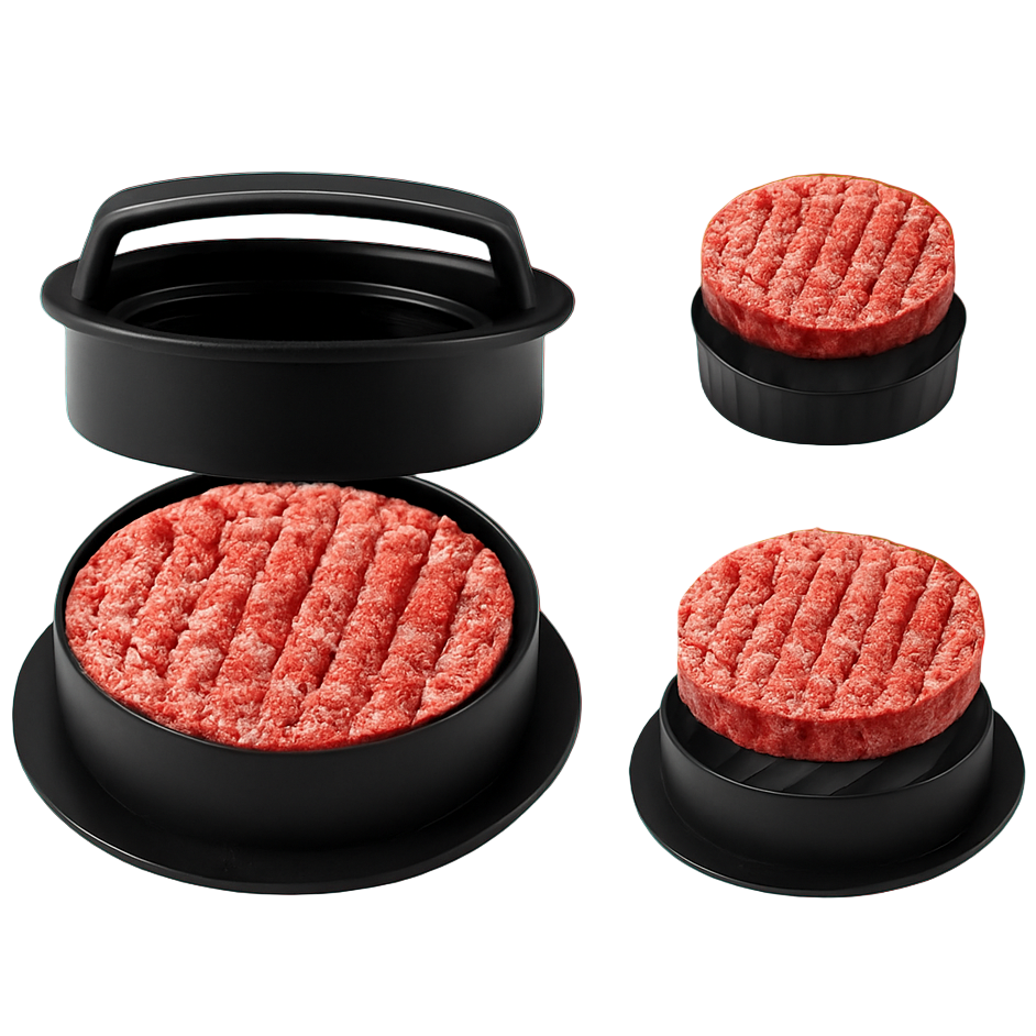 Hamburger patty maker with two sizes of patties on a red background